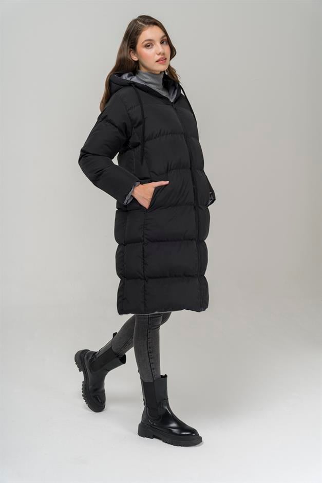 Hooded Zippered Double-Sided Puffer Jacket BLACK-ANTHRACITE 6492