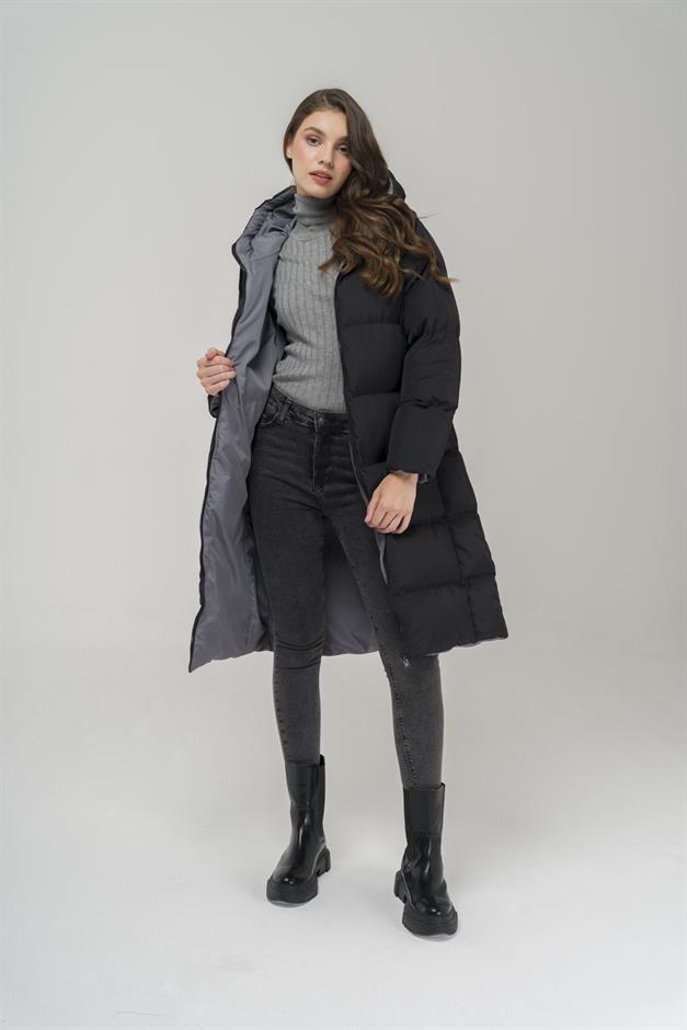 Hooded Zippered Double-Sided Puffer Jacket BLACK-ANTHRACITE 6492