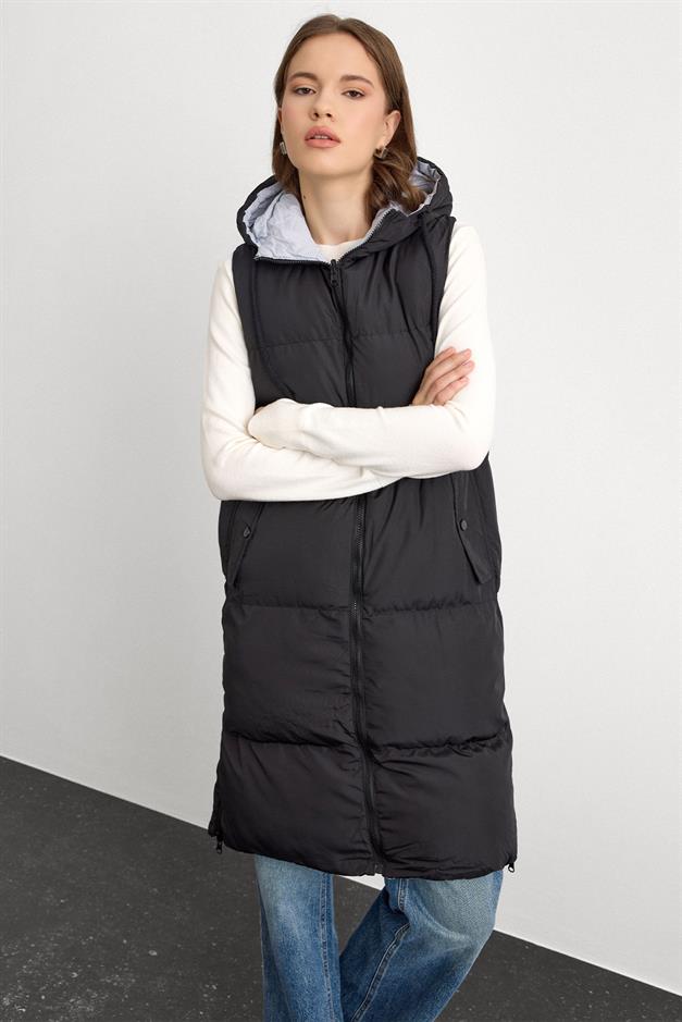 Hooded Zippered Double-Sided Puffer Vest BLACK-GRAY 8226