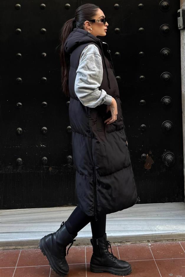 Hooded Zippered Double-Sided Puffer Vest BLACK-STONE 8226