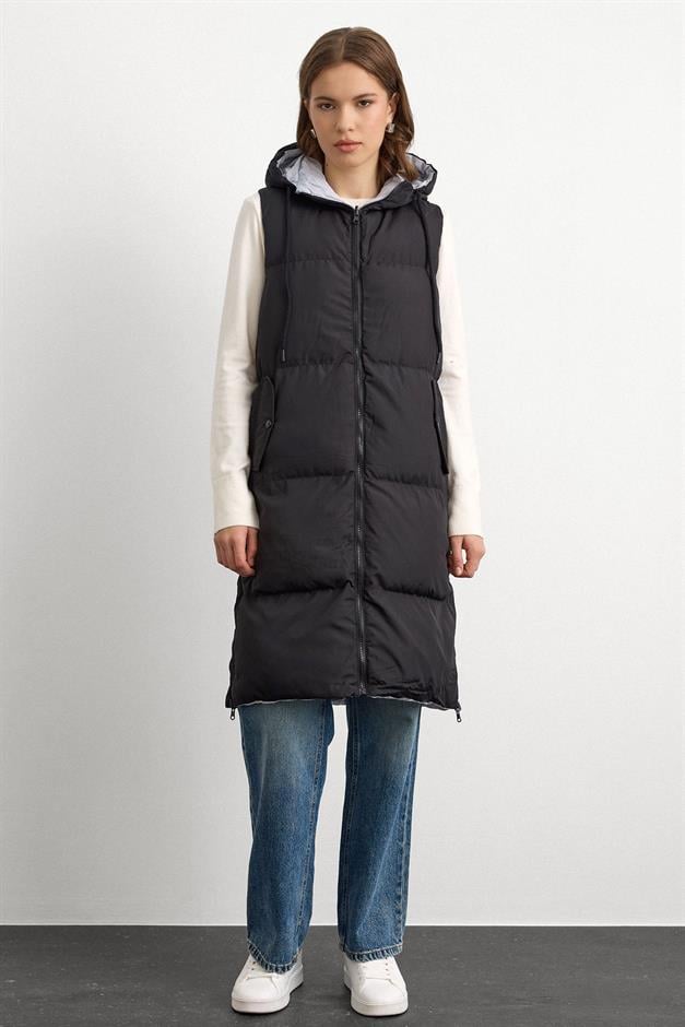 Hooded Zippered Double-Sided Puffer Vest BLACK-GRAY 8226