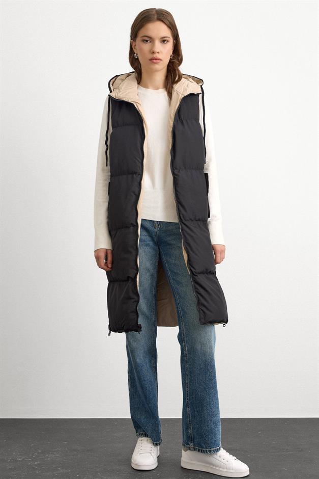 Hooded Zippered Double-Sided Puffer Vest BLACK-STONE 8226