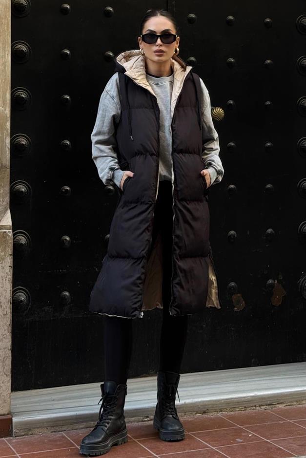 Hooded Zippered Double-Sided Puffer Vest BLACK-STONE 8226