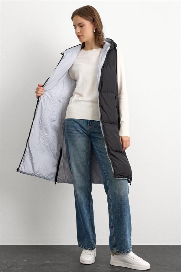 Hooded Zippered Double-Sided Puffer Vest BLACK-GRAY 8226