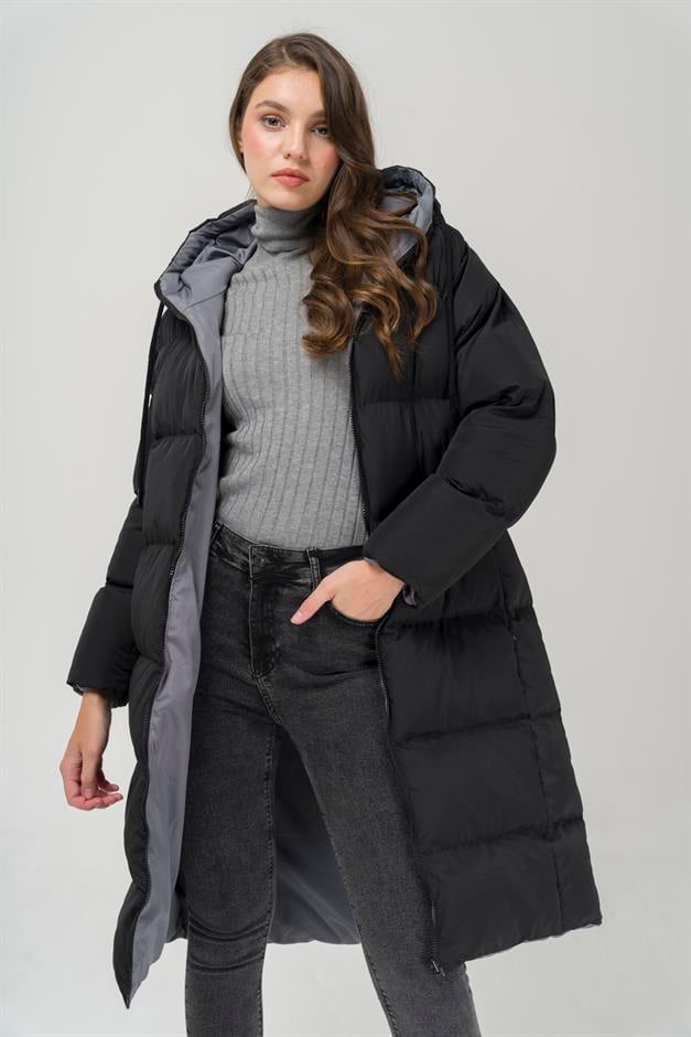 Hooded Zippered Double-Sided Puffer Jacket BLACK-ANTHRACITE 6492
