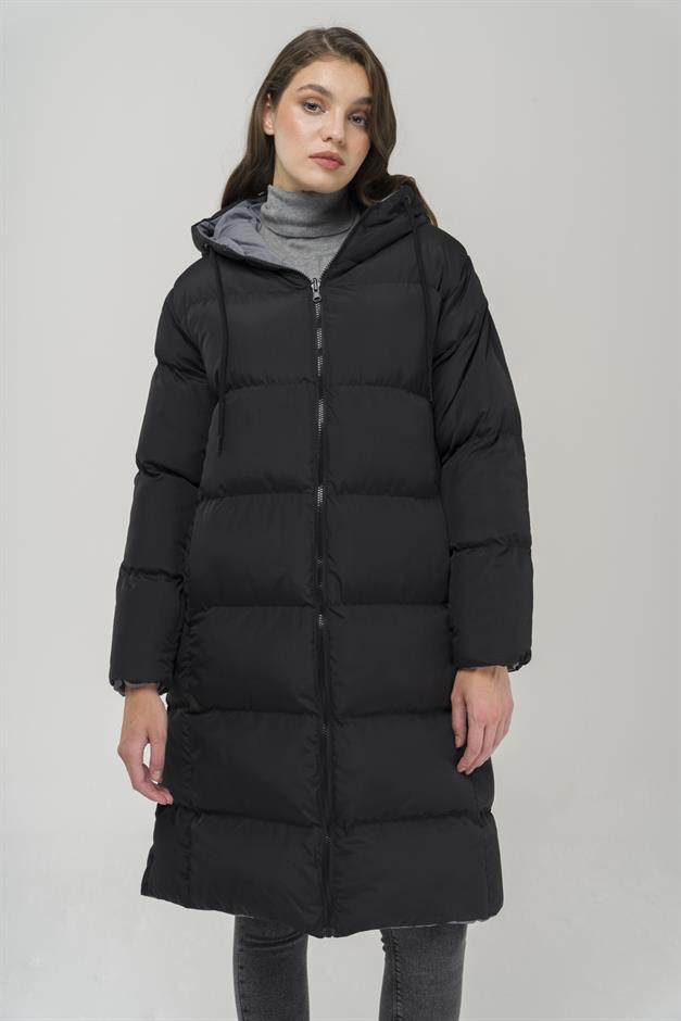 Hooded Zippered Double-Sided Puffer Jacket BLACK-ANTHRACITE 6492