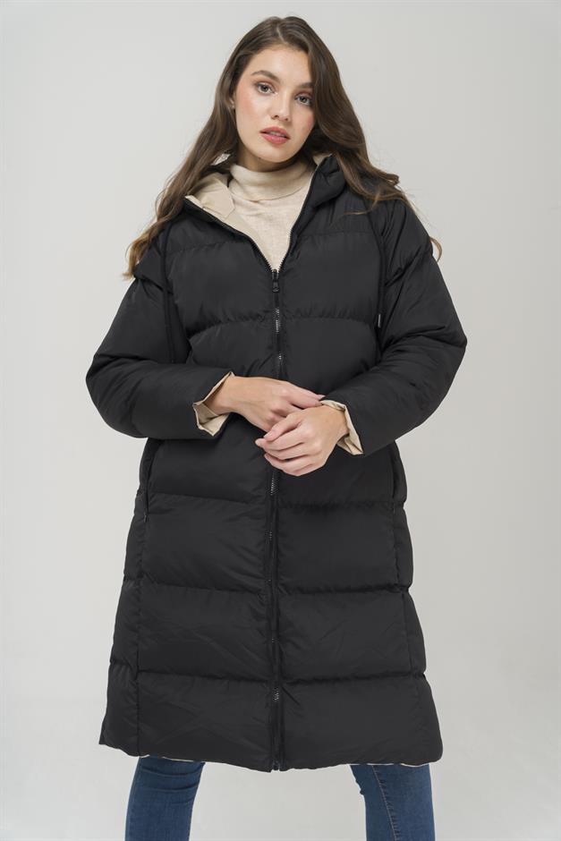 Hooded Zippered Double-Sided Puffer Jacket BLACK-STONE 6492