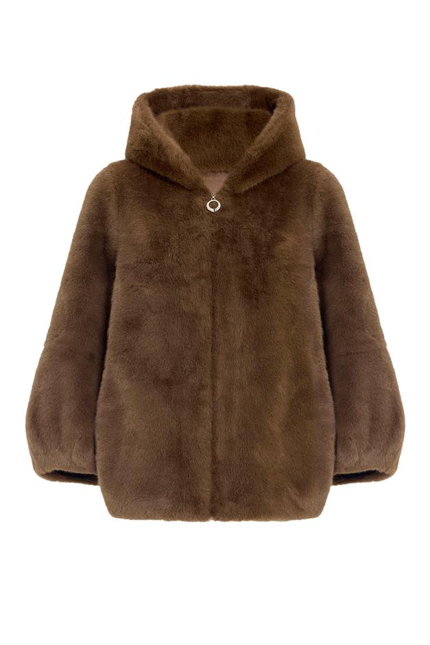 جاكيت حصري بمظهر الفرو مع غطاء للرأس وسحاب للإغلاق قهوة 1009