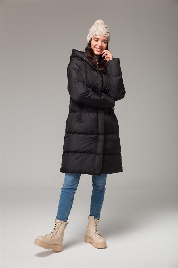 سترة منفوخة بغطاء رأس وسحاب أسود 6225