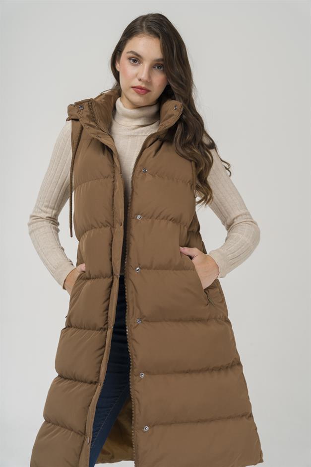 Kapüşonlu Fermuar Kapamalı Şişme Yelek TABA 8225