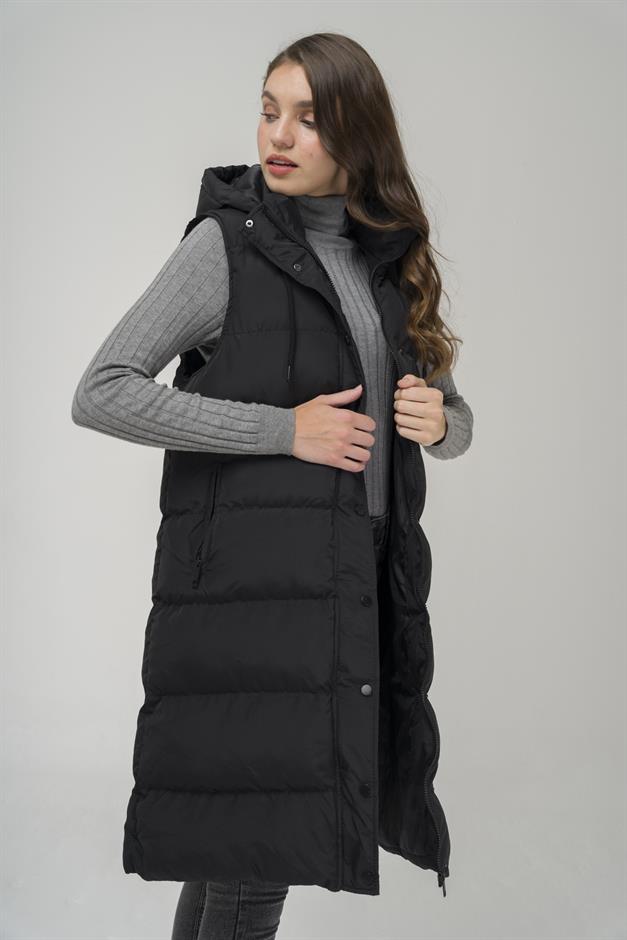 Hooded Zippered Puffer Vest BLACK 8225