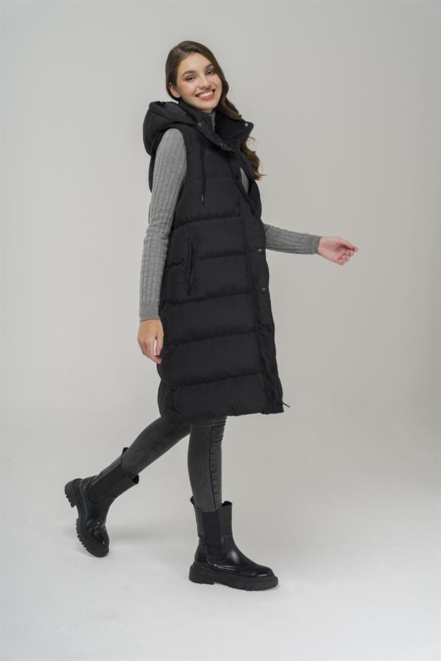 Hooded Zippered Puffer Vest BLACK 8225