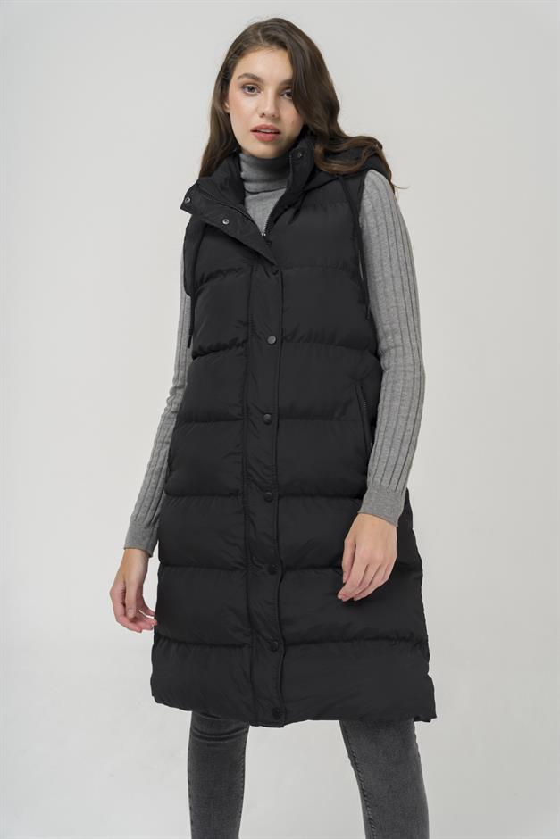 Hooded Zippered Puffer Vest BLACK 8225