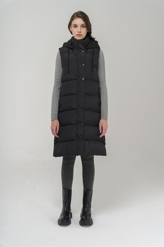 Hooded Zippered Puffer Vest BLACK 8225