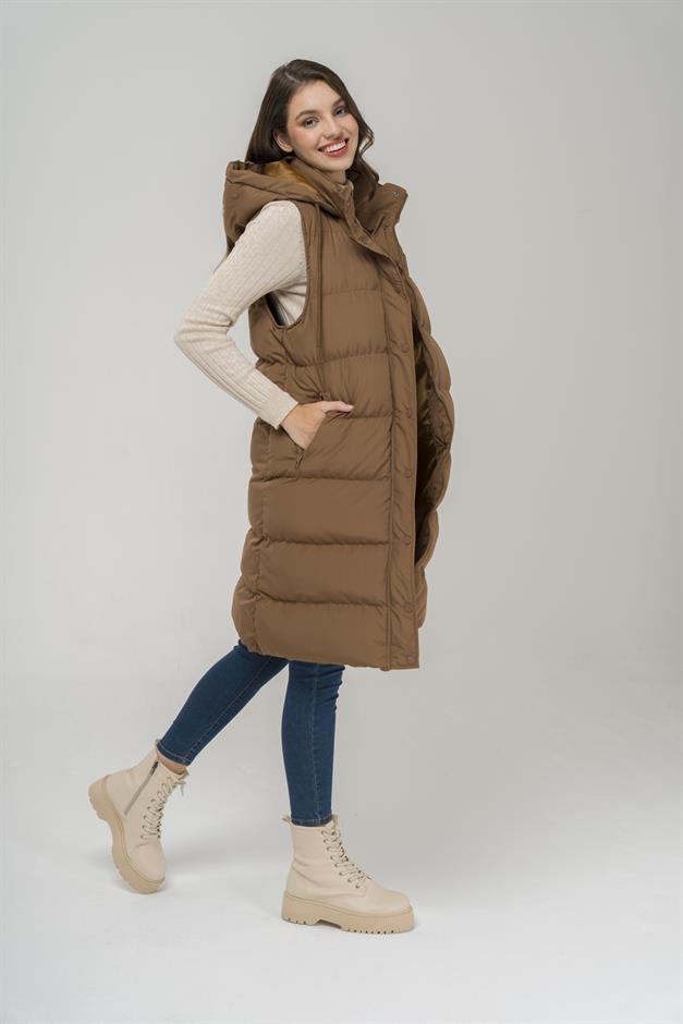 Kapüşonlu Fermuar Kapamalı Şişme Yelek TABA 8225