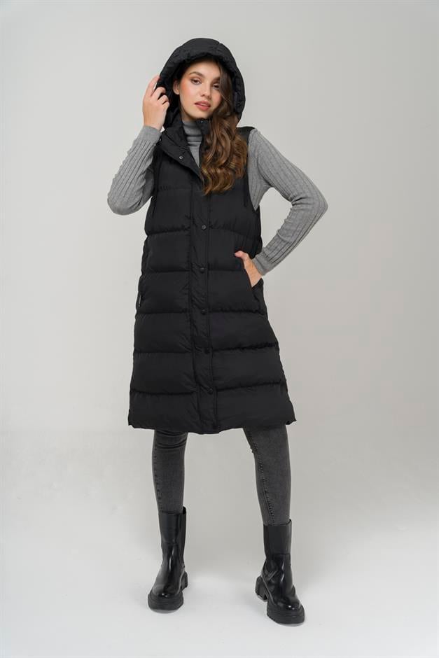 Hooded Zippered Puffer Vest BLACK 8225