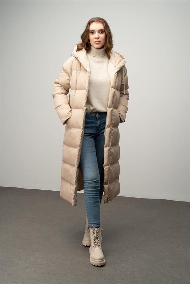 Hooded Zippered Long Puffer Coat STONE 6667