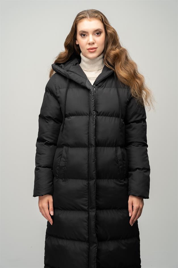 Hooded Zippered Long Puffer Coat BLACK 6667