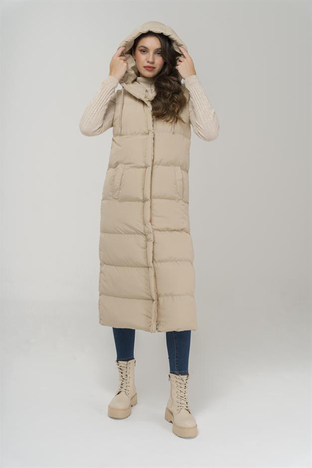 Hooded Zippered Long Puffer Vest STONE 8224