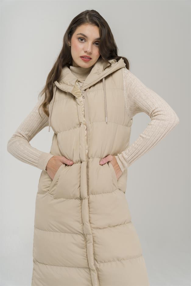 Hooded Zippered Long Puffer Vest STONE 8224