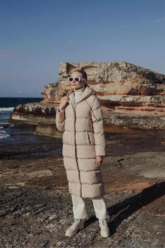 Hooded Zippered Long Puffer Coat STONE 6667