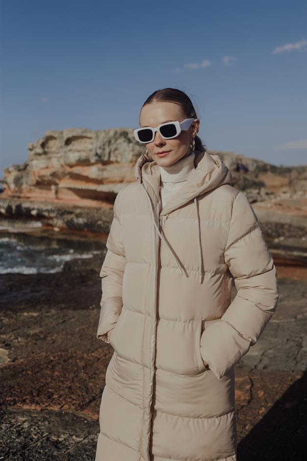 Hooded Zippered Long Puffer Coat STONE 6667