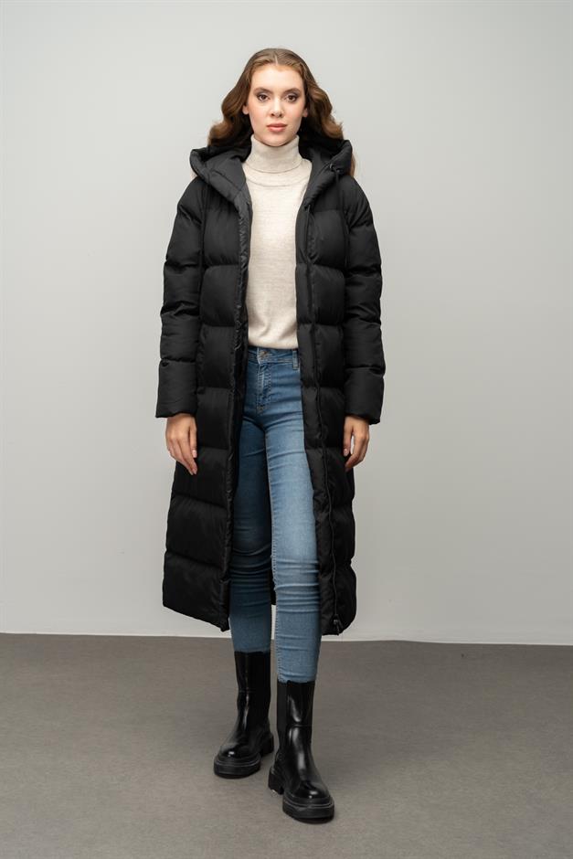 Hooded Zippered Long Puffer Coat BLACK 6667