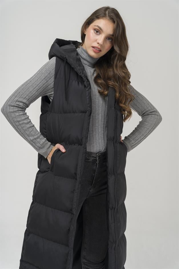 Hooded Zippered Long Puffer Vest BLACK 8224