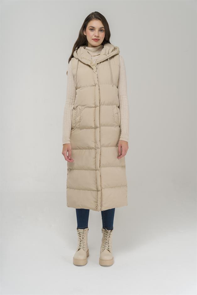 Hooded Zippered Long Puffer Vest STONE 8224