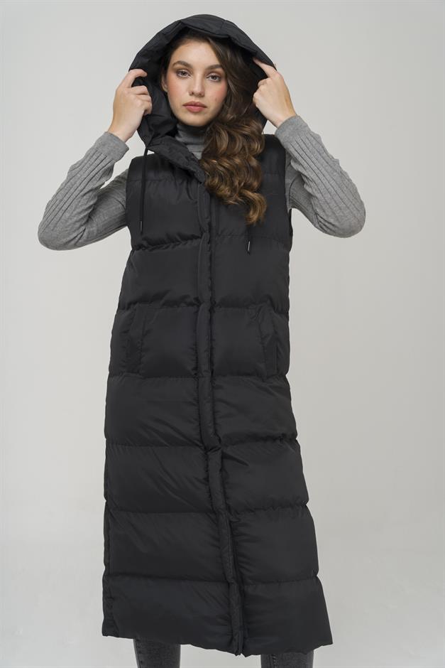 Hooded Zippered Long Puffer Vest BLACK 8224