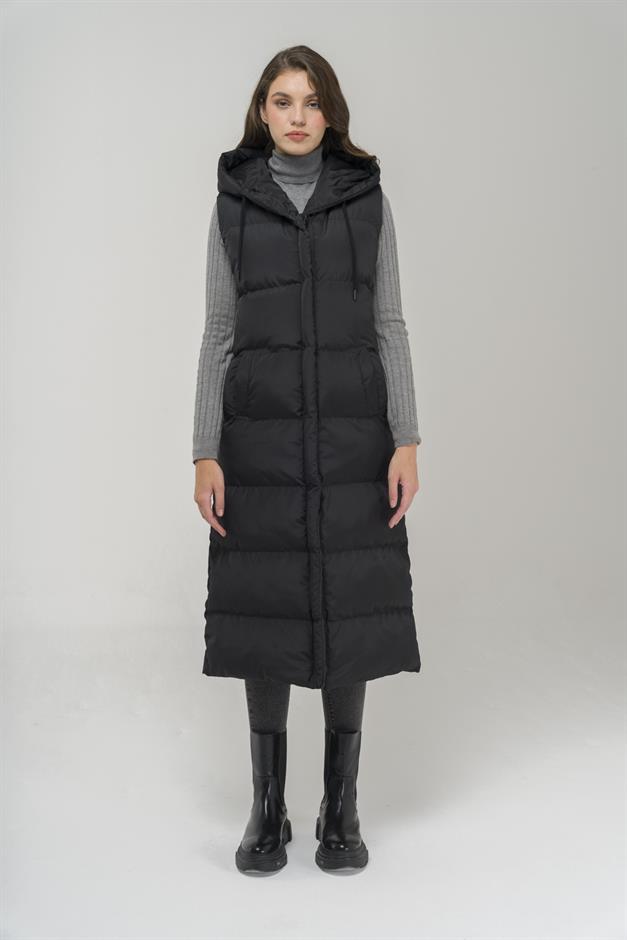 Hooded Zippered Long Puffer Vest BLACK 8224
