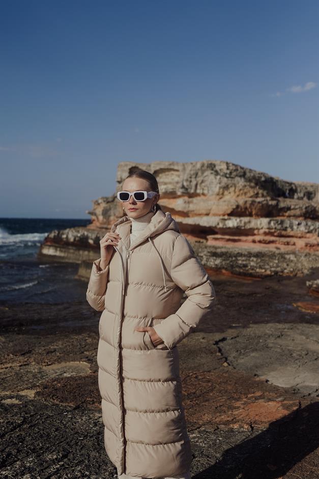 Hooded Zippered Long Puffer Coat STONE 6667