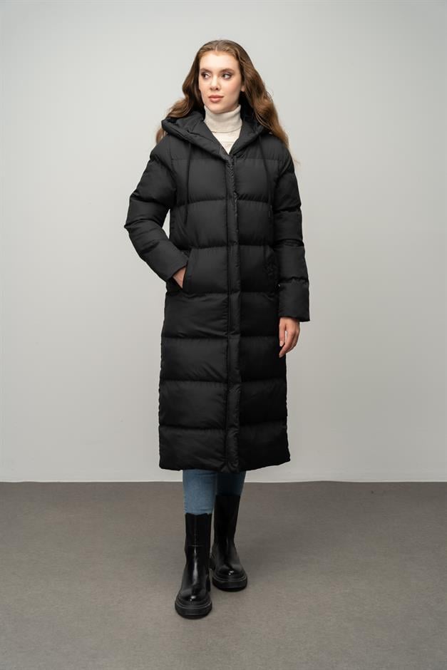 Hooded Zippered Long Puffer Coat BLACK 6667