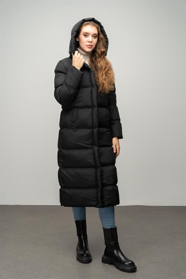 Hooded Zippered Long Puffer Coat BLACK 6667