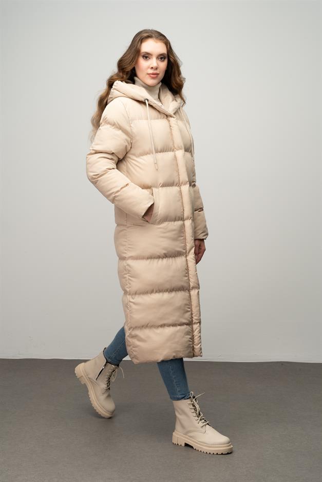 Hooded Zippered Long Puffer Coat STONE 6667