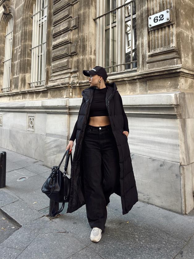 Hooded Zippered Long Puffer Vest BLACK 8224