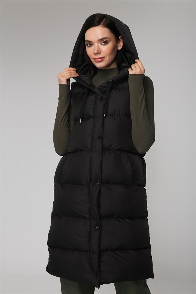 Kapüşonlu Fermuar ve Çıtçıt Kapamalı Şişme Yelek SİYAH 8199