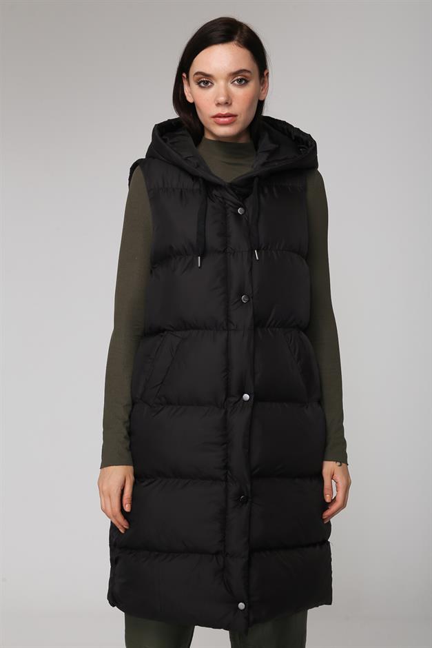 Kapüşonlu Fermuar ve Çıtçıt Kapamalı Şişme Yelek SİYAH 8199