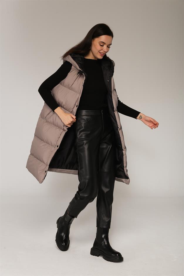 Hooded Puffer Vest with Zipper and Snap Closure GREY 8199