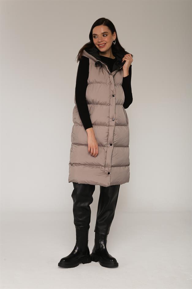 Hooded Puffer Vest with Zipper and Snap Closure GREY 8199