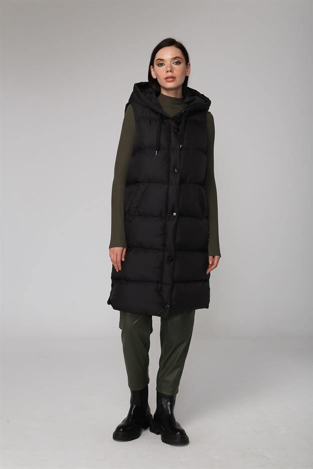 Kapüşonlu Fermuar ve Çıtçıt Kapamalı Şişme Yelek SİYAH 8199