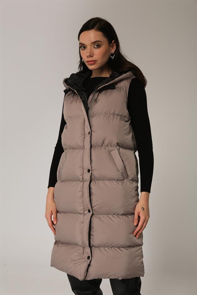 Hooded Puffer Vest with Zipper and Snap Closure GREY 8199