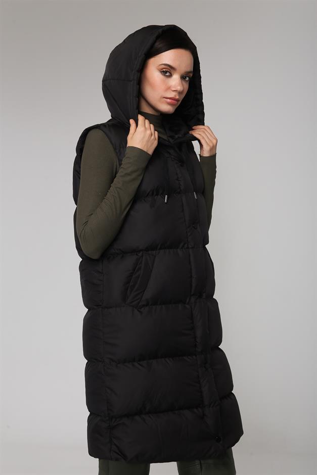 Kapüşonlu Fermuar ve Çıtçıt Kapamalı Şişme Yelek SİYAH 8199