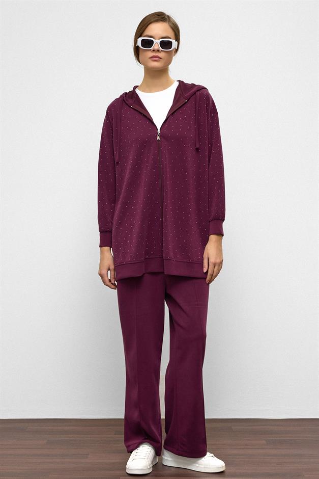Hooded Zippered Stone Embellished Premium Fabric Sweat Pants Set CLARET RED 9371-TK