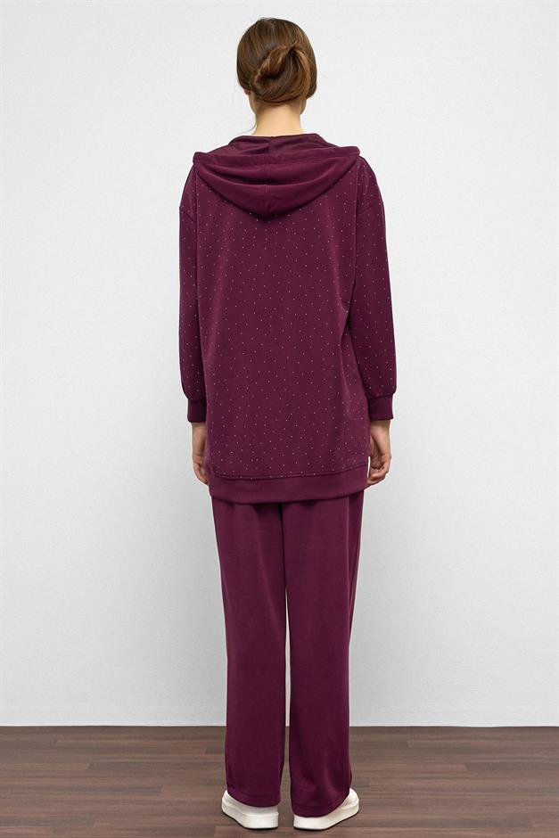 Hooded Zippered Stone Embellished Premium Fabric Sweat Pants Set CLARET RED 9371-TK