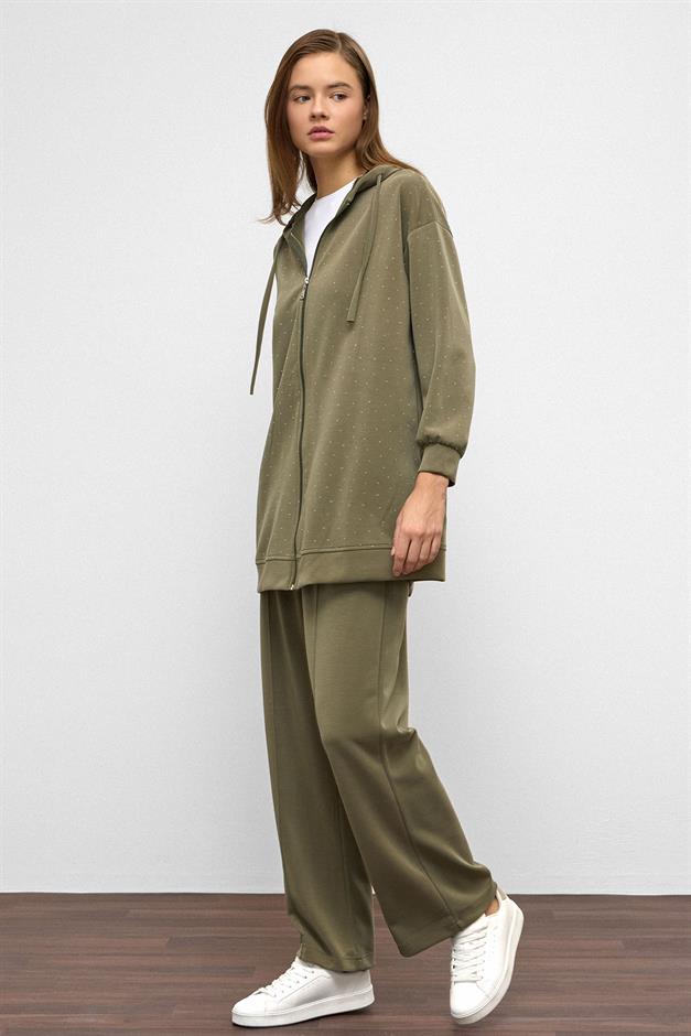 Hooded Zippered Stone Embellished Premium Fabric Sweat Pants Set DRAB 9371-TK
