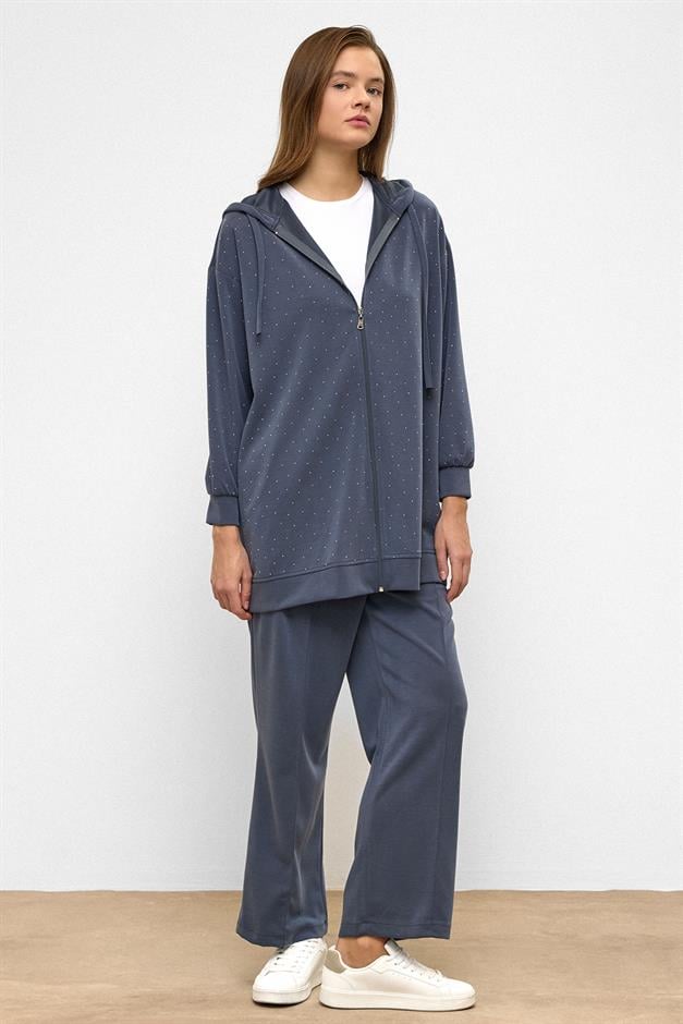 Hooded Zippered Stone Embellished Premium Fabric Sweat Pants Set İNDİGO 9371-TK