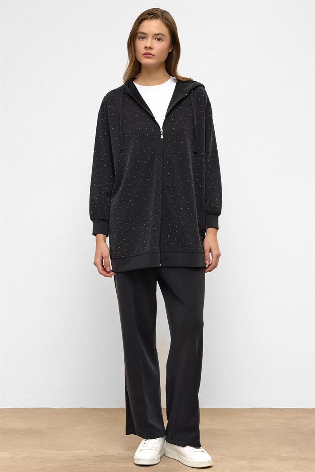 Hooded Zippered Stone Embellished Premium Fabric Sweat Pants Set BLACK 9371-TK