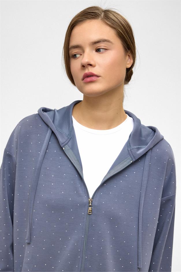 Hooded Zippered Stone Embellished Premium Fabric Sweat Pants Set BLUE 9371-TK