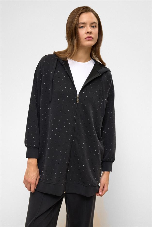 Hooded Zippered Stone Embellished Premium Fabric Sweat Pants Set BLACK 9371-TK